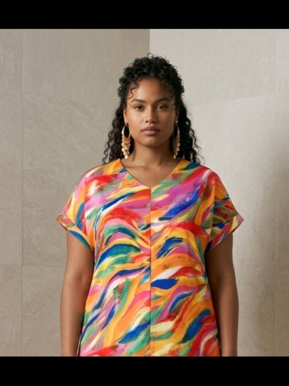 NWT | 1X | Vibrant Abstract Watercolor V-Neck Short Sleeve Top